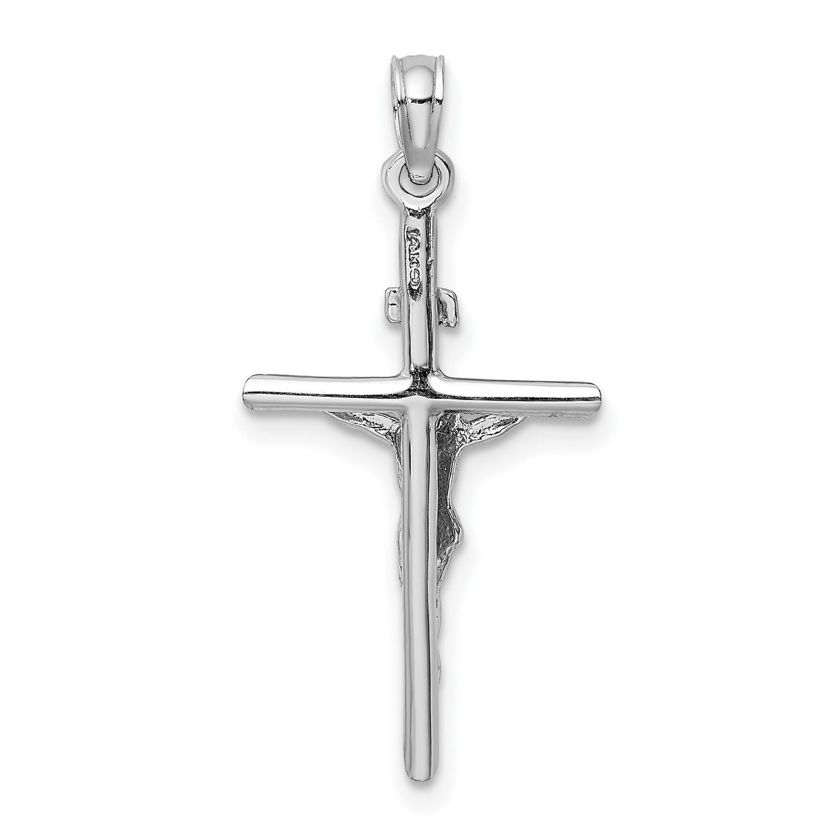 14k White Gold Crucifix Pendant with Polished Jesus Figure, Religious Latin Cross Charm