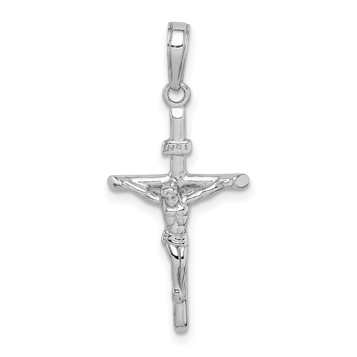 14k White Gold Crucifix Pendant with Polished Jesus Figure, Religious Latin Cross Charm