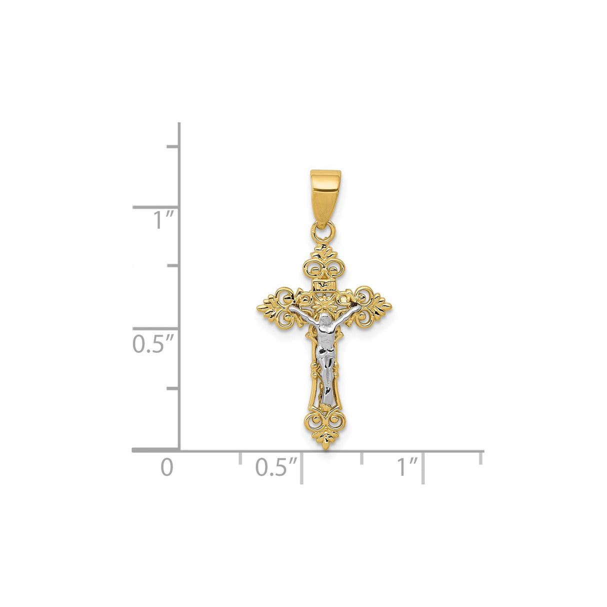 14k Multi-Tone Gold Crucifix Pendant with Christ Figure, INRI Fleur de Lis Cross Charm