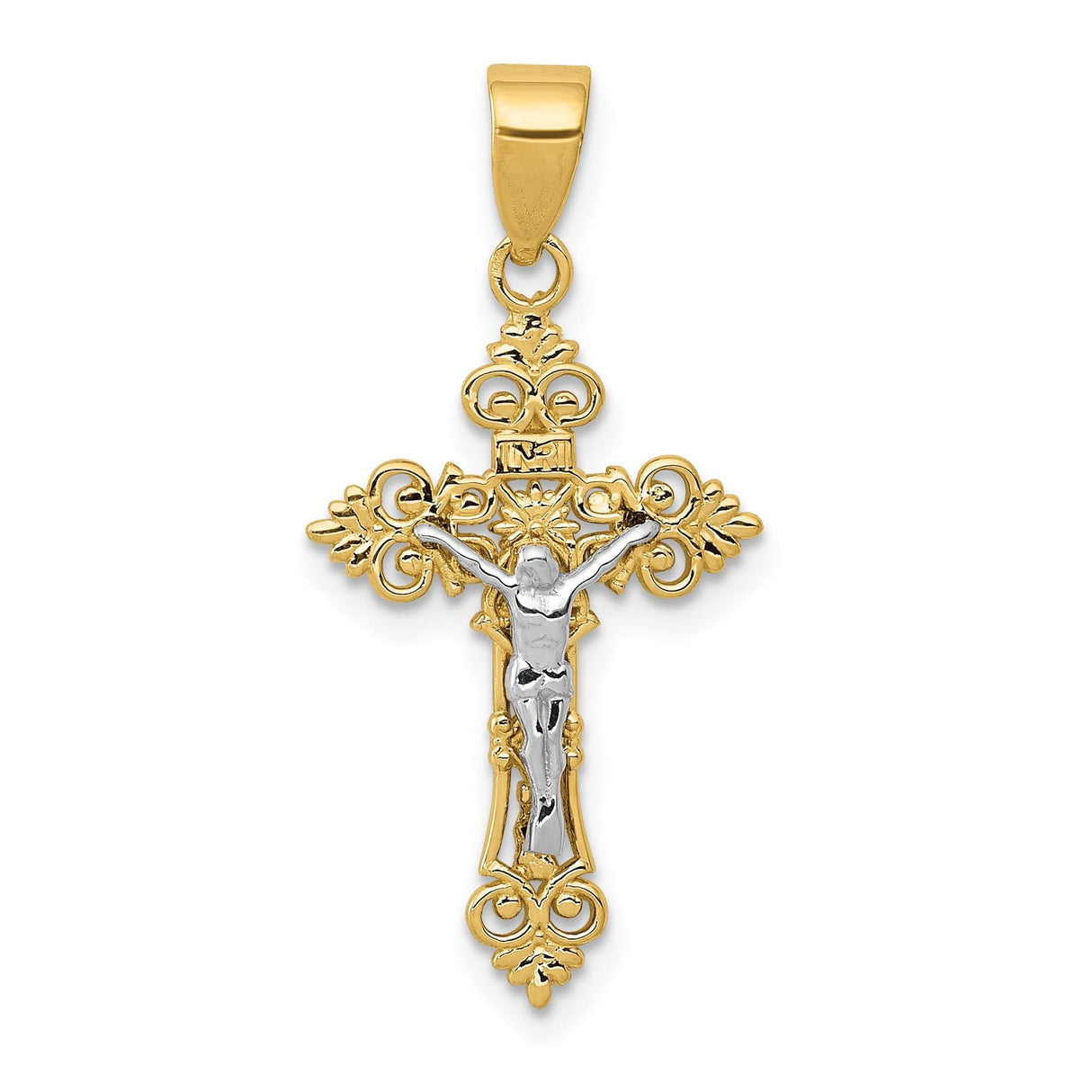 14k Multi-Tone Gold Crucifix Pendant with Christ Figure, INRI Fleur de Lis Cross Charm
