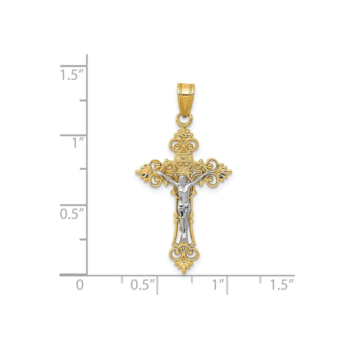 14k Multi-Tone Gold Crucifix Pendant, Fleur De Lis Cross, Religious INRI Charm