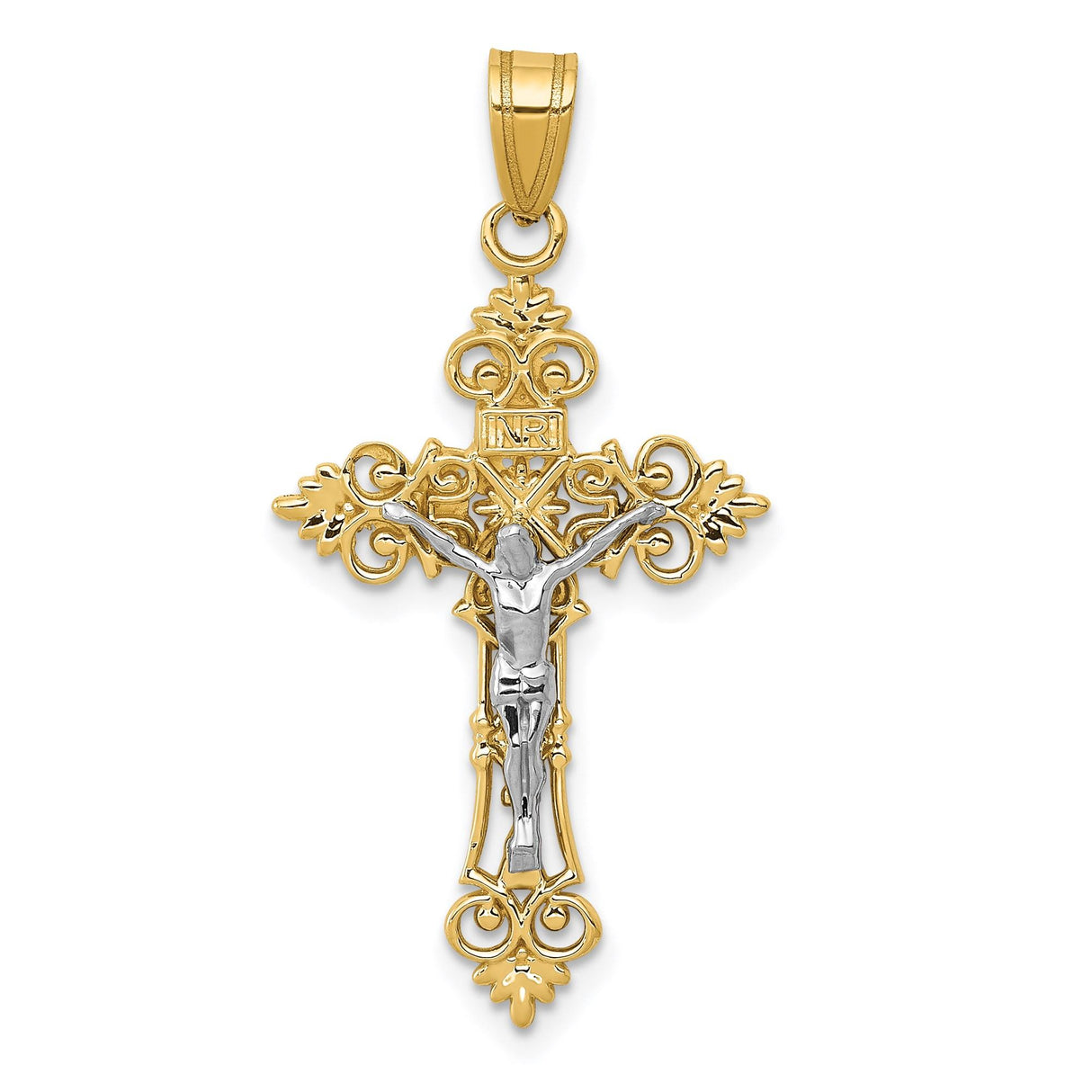 14k Multi-Tone Gold Crucifix Pendant, Fleur De Lis Cross, Religious INRI Charm