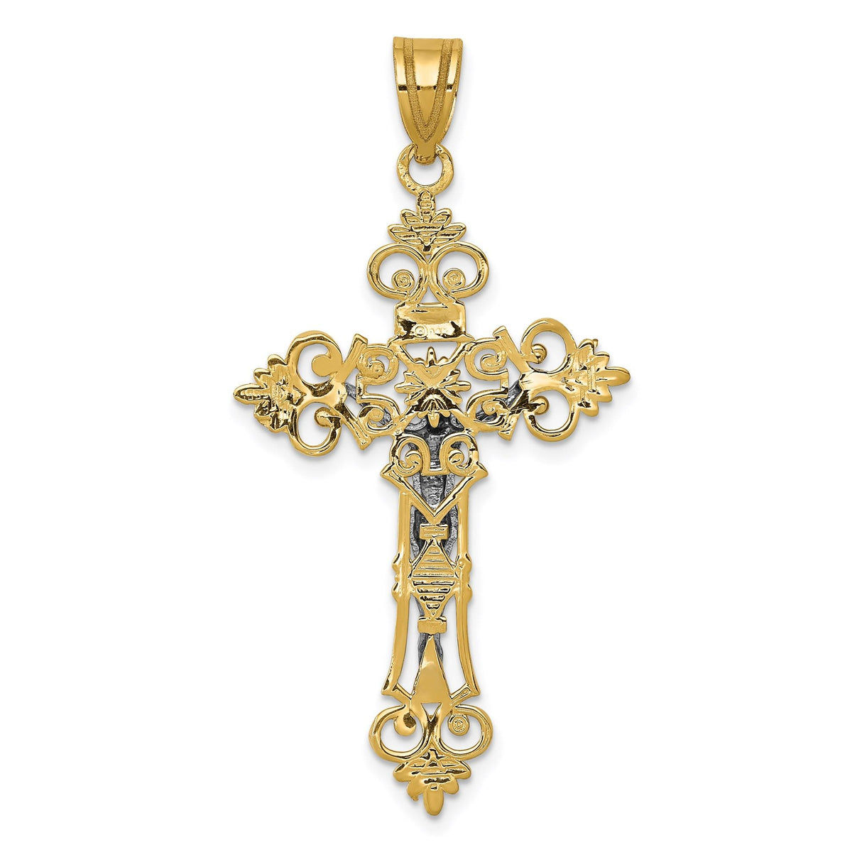 14k Multi-Tone Gold INRI Crucifix Cross Pendant with Fleur de Lis Filigree Detail