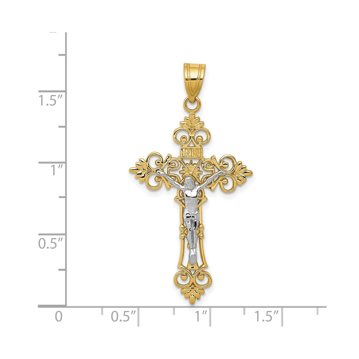 14k Multi-Tone Gold INRI Crucifix Cross Pendant with Fleur de Lis Filigree Detail