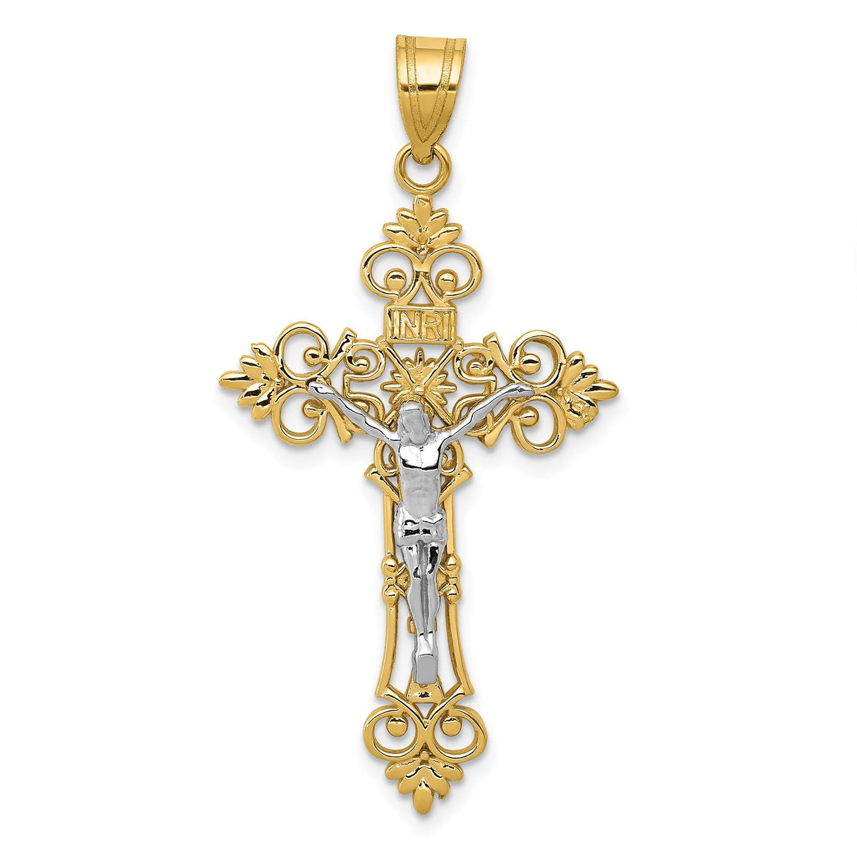 14k Multi-Tone Gold INRI Crucifix Cross Pendant with Fleur de Lis Filigree Detail
