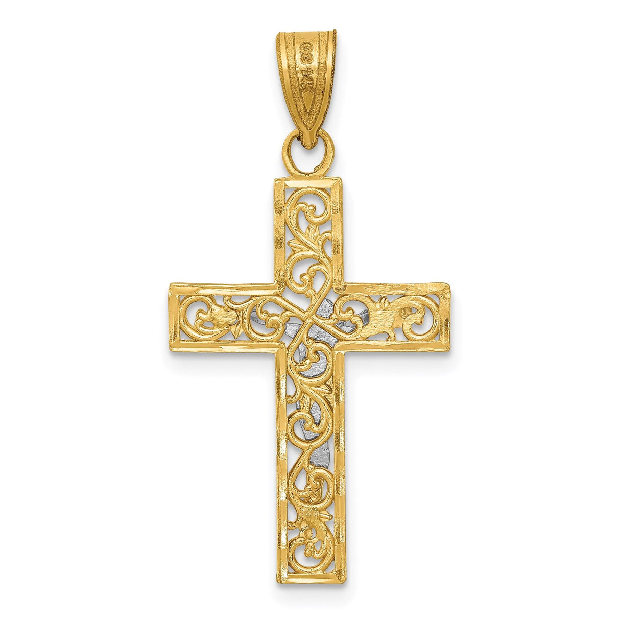 14k Multi-Tone Gold Crucifix Cross Pendant with Jesus Figure, Religious Filigree Style