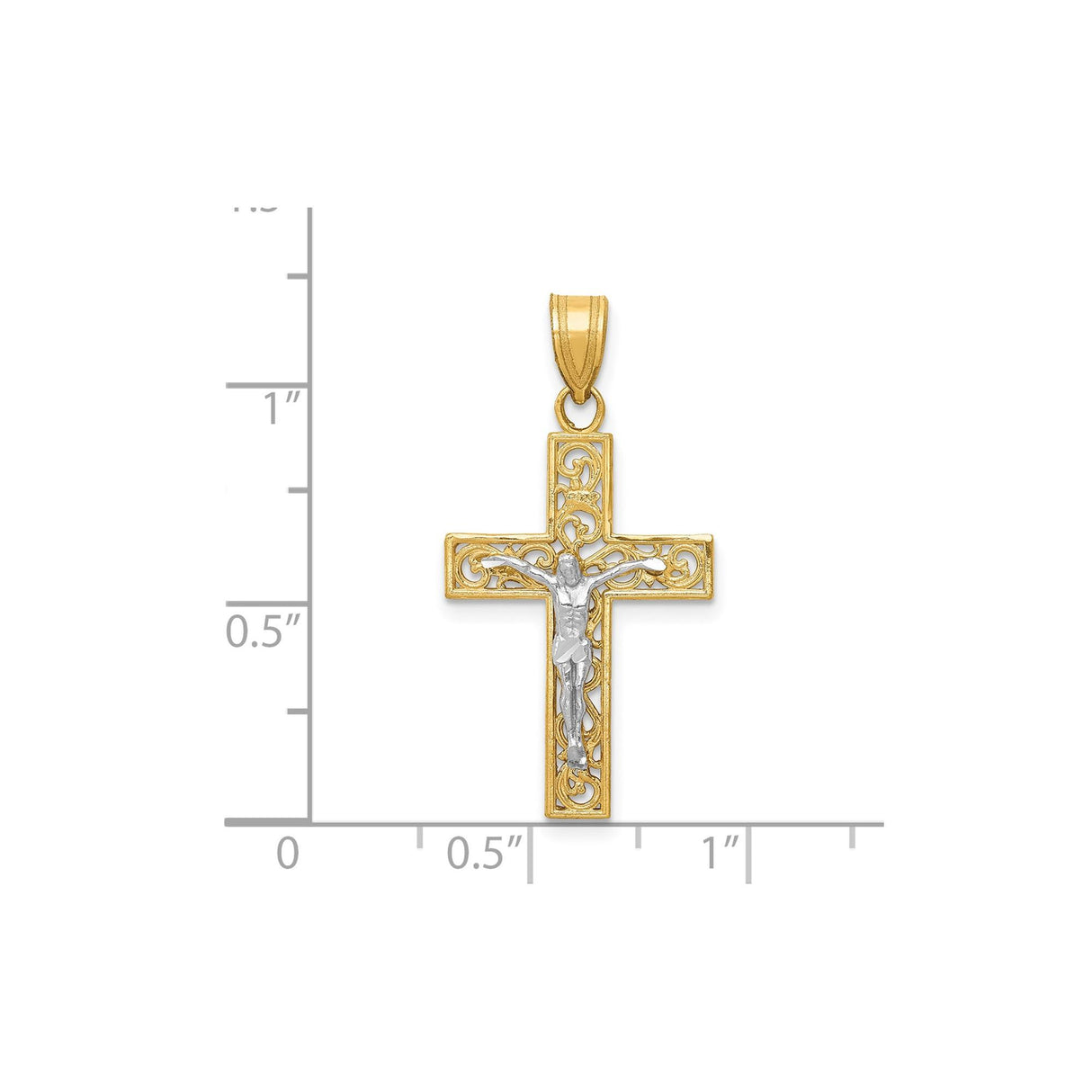 14k Multi-Tone Gold Crucifix Cross Pendant with Jesus Figure, Religious Filigree Style
