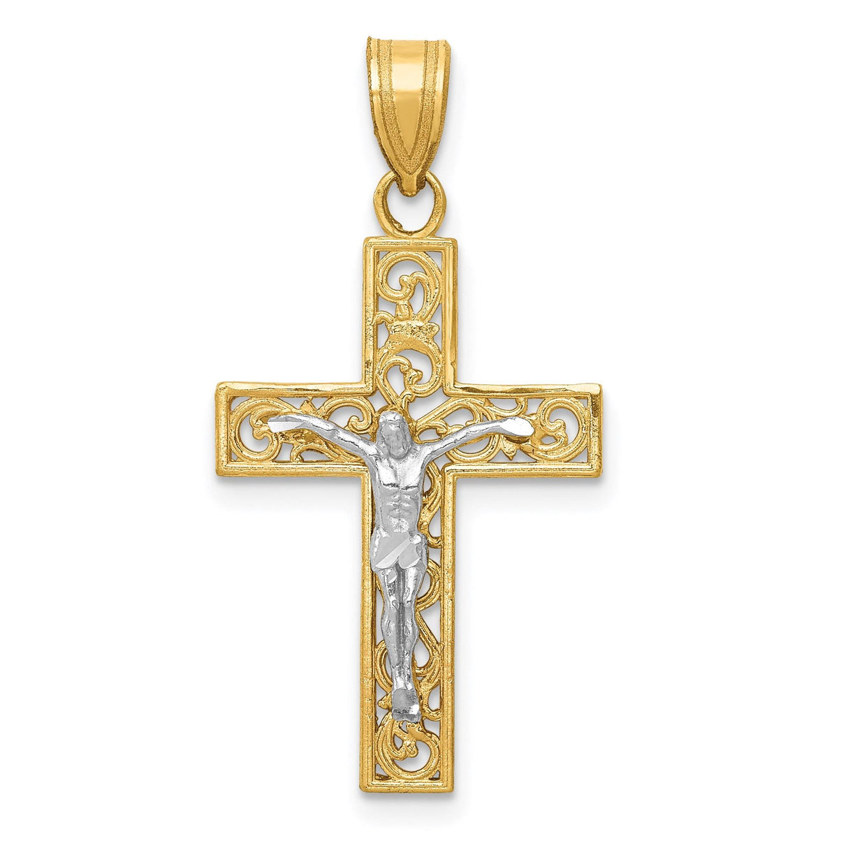14k Multi-Tone Gold Crucifix Cross Pendant with Jesus Figure, Religious Filigree Style