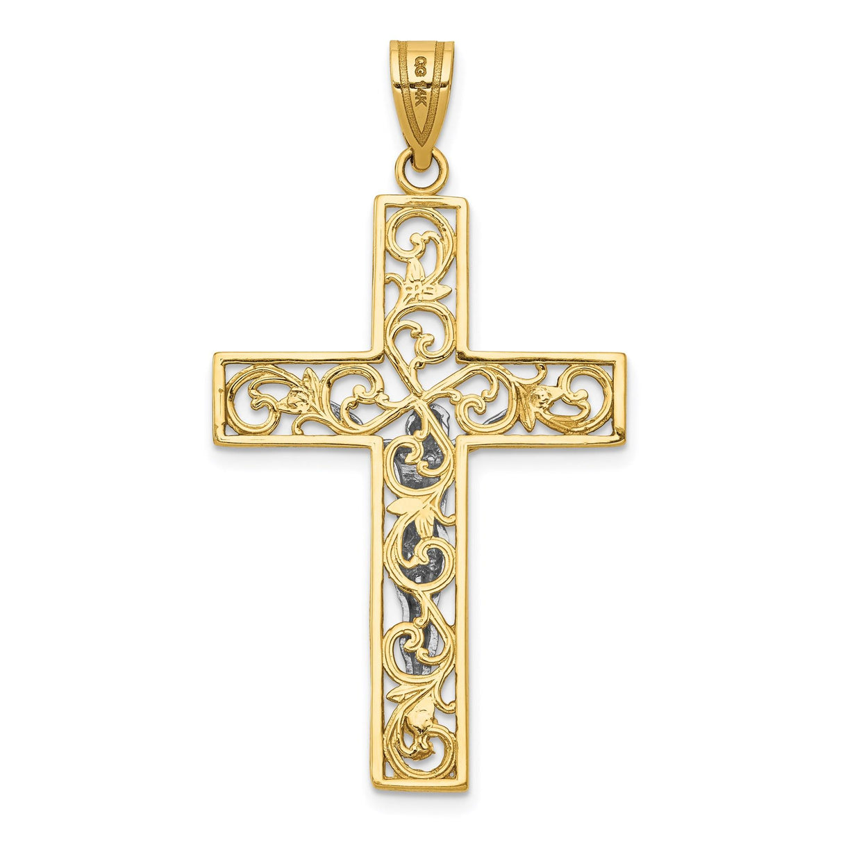 14k Multi-Tone Gold Crucifix Pendant with Filigree Latin Cross Design