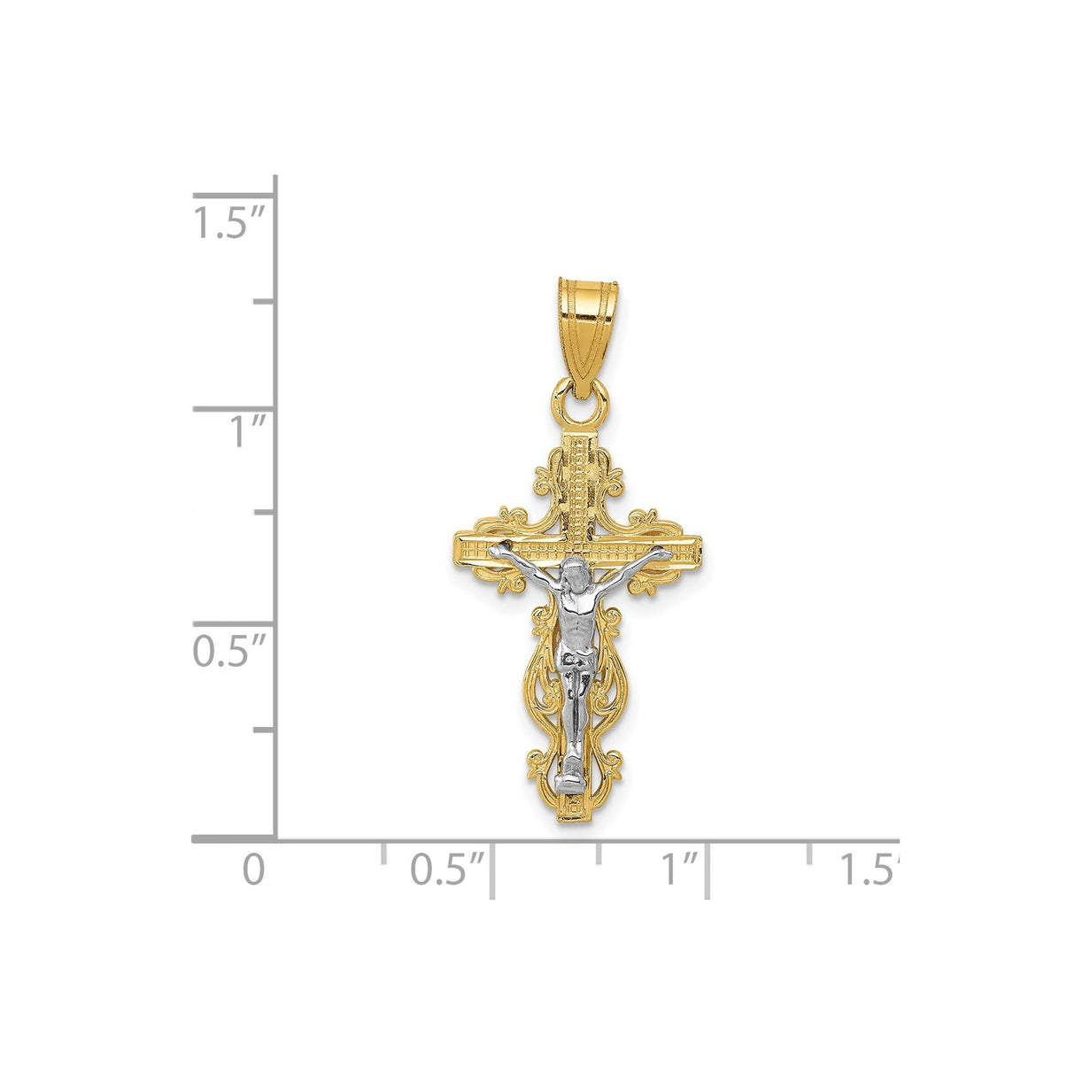 14k Multi-Tone Gold Crucifix Cross Pendant with Jesus Figure, Ornate Latin Style