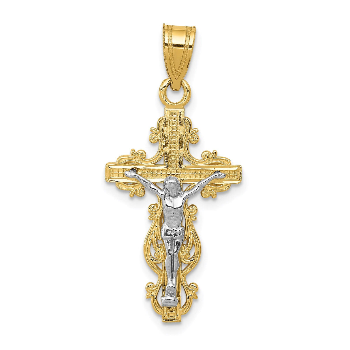 14k Multi-Tone Gold Crucifix Cross Pendant with Jesus Figure, Ornate Latin Style
