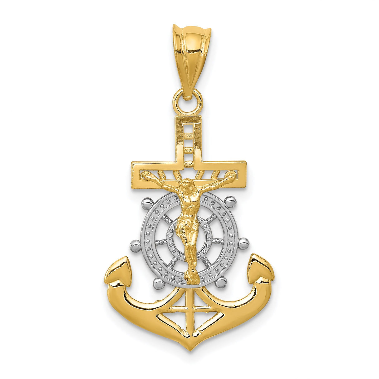 14k Multi-Tone Gold Anchor Cross Pendant with Ship Wheel Design for Men and Women