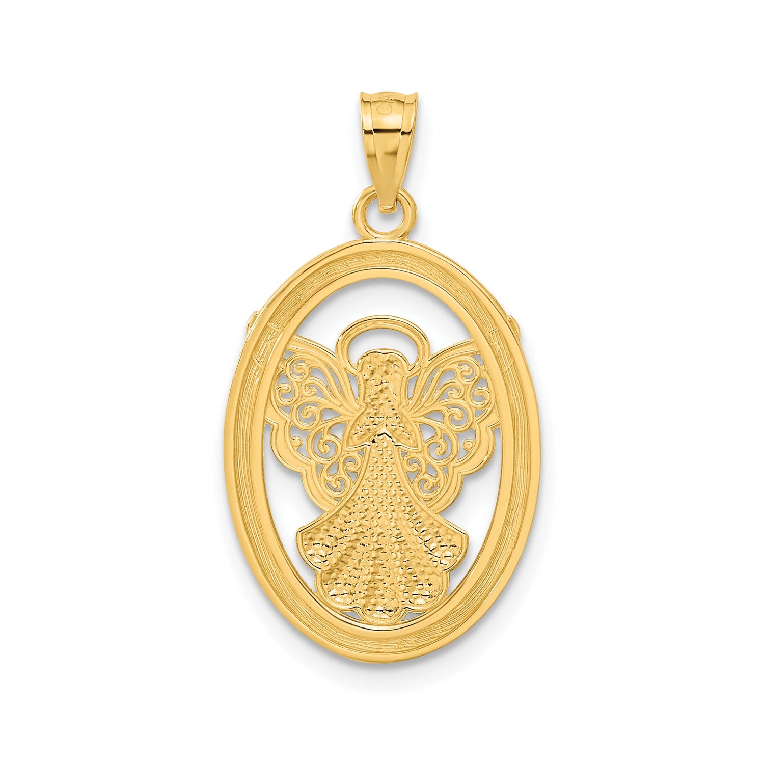 14k Two-Tone Gold Angel Pendant with Filigree Wings and Faith Hope Believe Peace Words