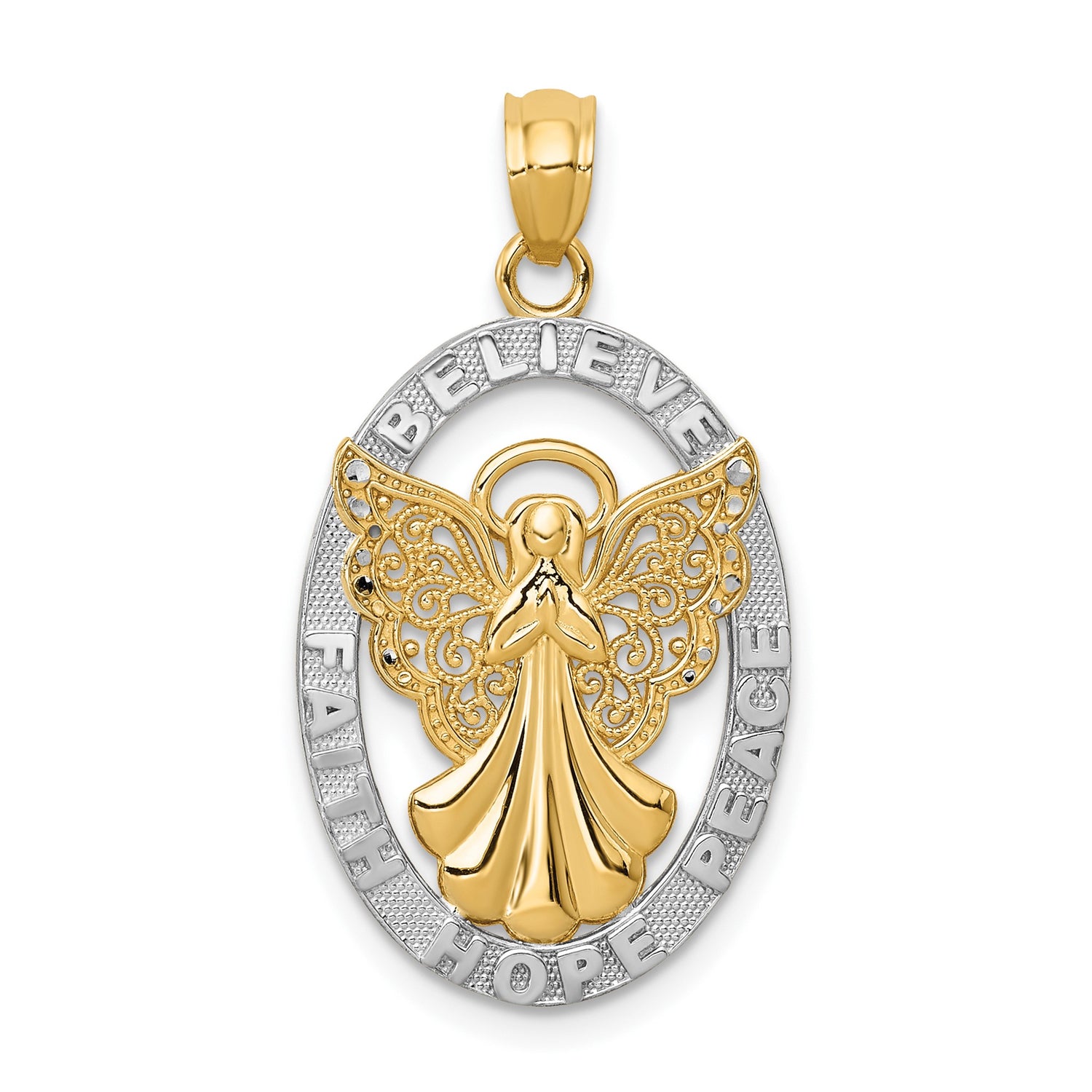 14k Two-Tone Gold Angel Pendant with Filigree Wings and Faith Hope Believe Peace Words