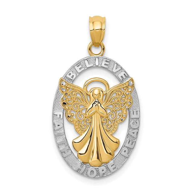 14k Two-Tone Gold Angel Pendant with Filigree Wings and Faith Hope Believe Peace Words