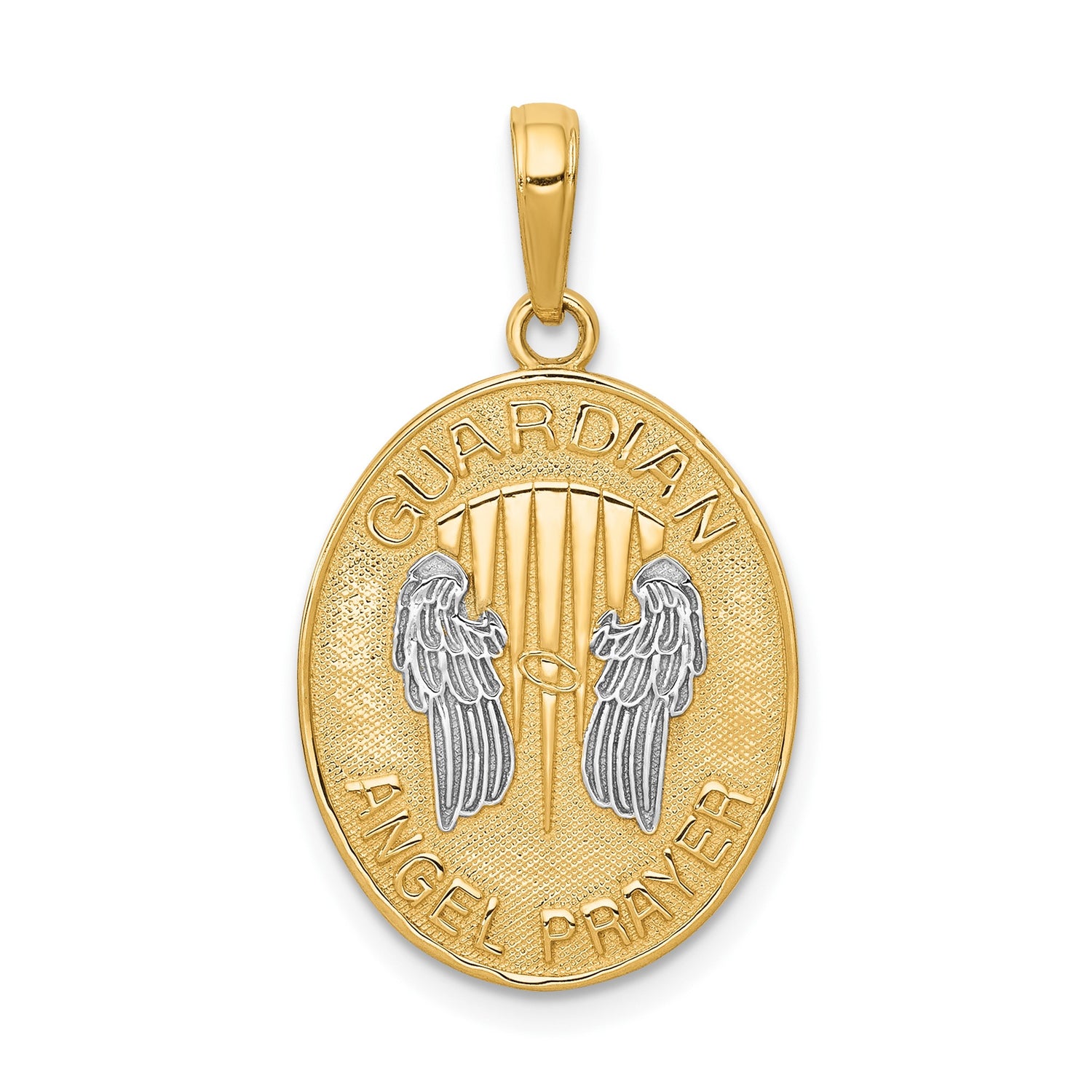 14k Yellow Gold Oval Pendant with Angel Wings and Guardian Angel Prayer