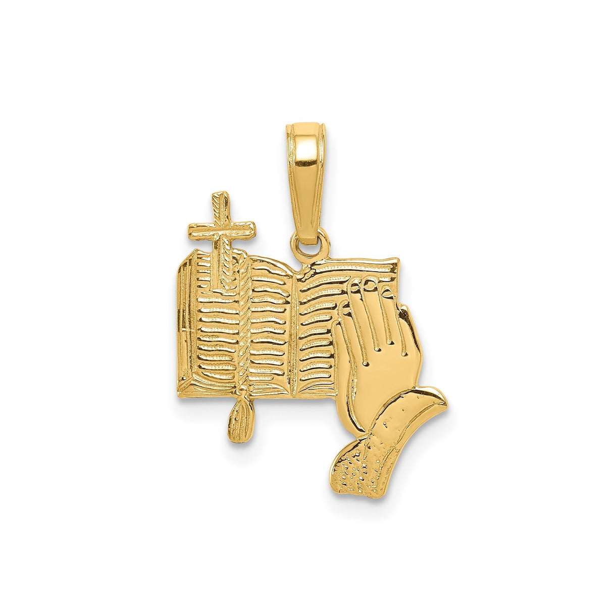 14k Yellow Gold Cross Pendant with Praying Hands and Open Bible Charm , Christian Jewelry