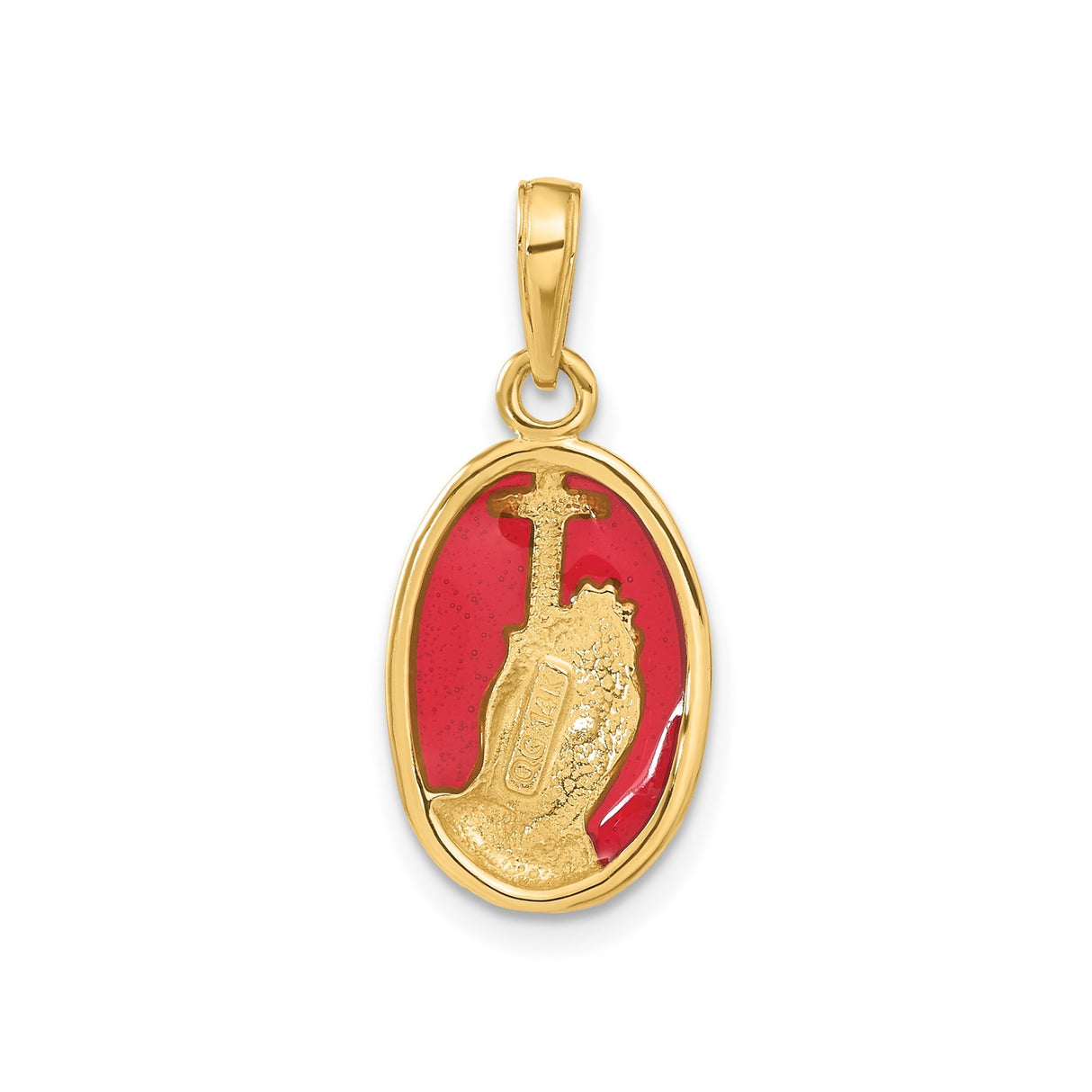 14k Yellow Gold Oval Cross Pendant with Praying Hands and Crimson Enamel