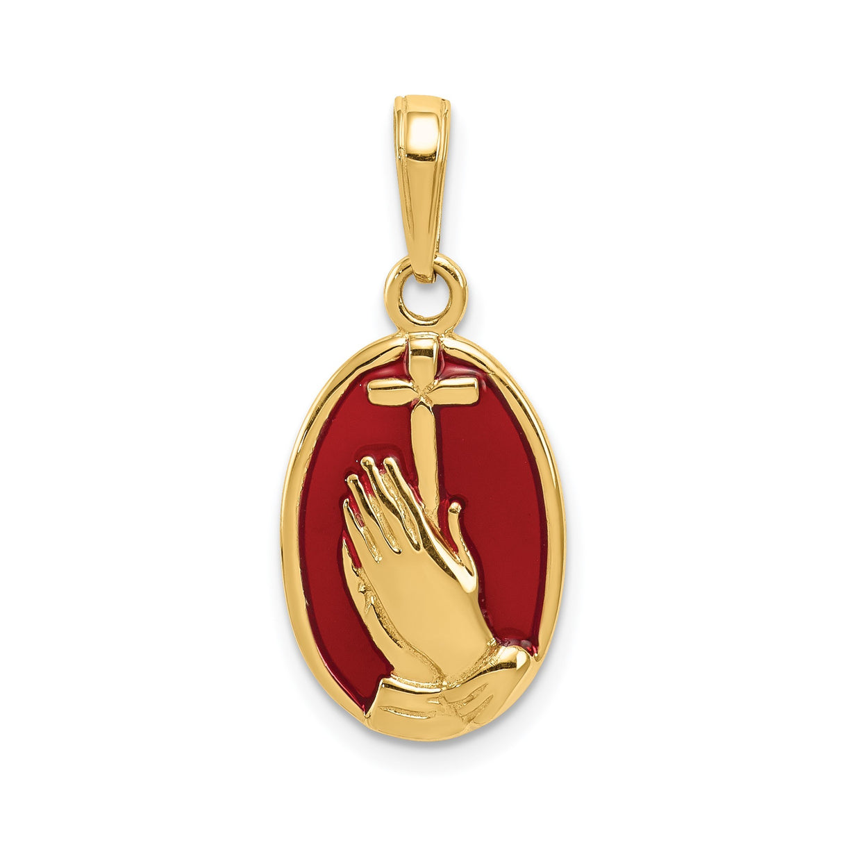 14k Yellow Gold Oval Cross Pendant with Praying Hands and Crimson Enamel