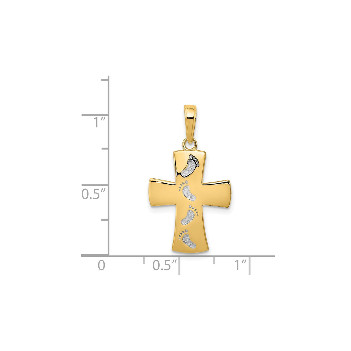 14k Multi-Tone Gold Latin Cross Pendant with Footprints Design and Polished Finish