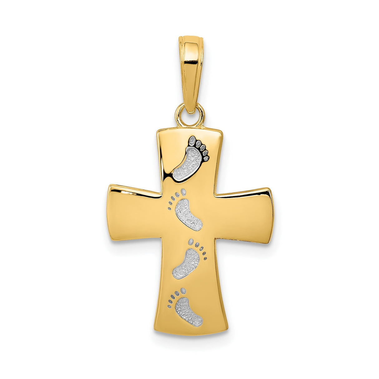 14k Multi-Tone Gold Latin Cross Pendant with Footprints Design and Polished Finish