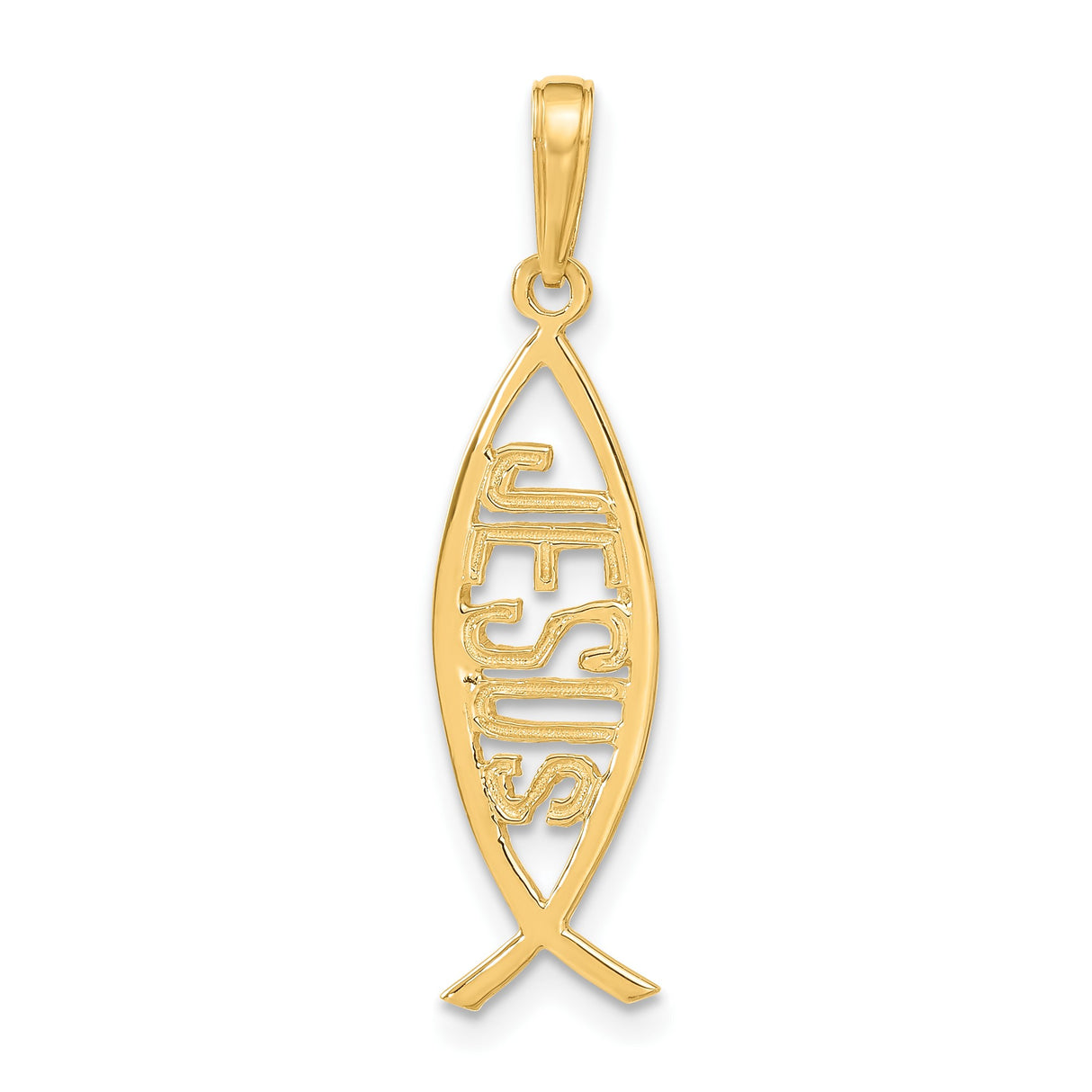 14k Yellow Gold Ichthys Fish Pendant with Jesus Name, Christian Symbol Charm