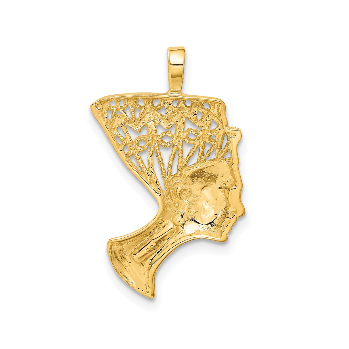 14k Yellow Gold African Queen Pendant, Textured Nefertiti Silhouette with Crown Design