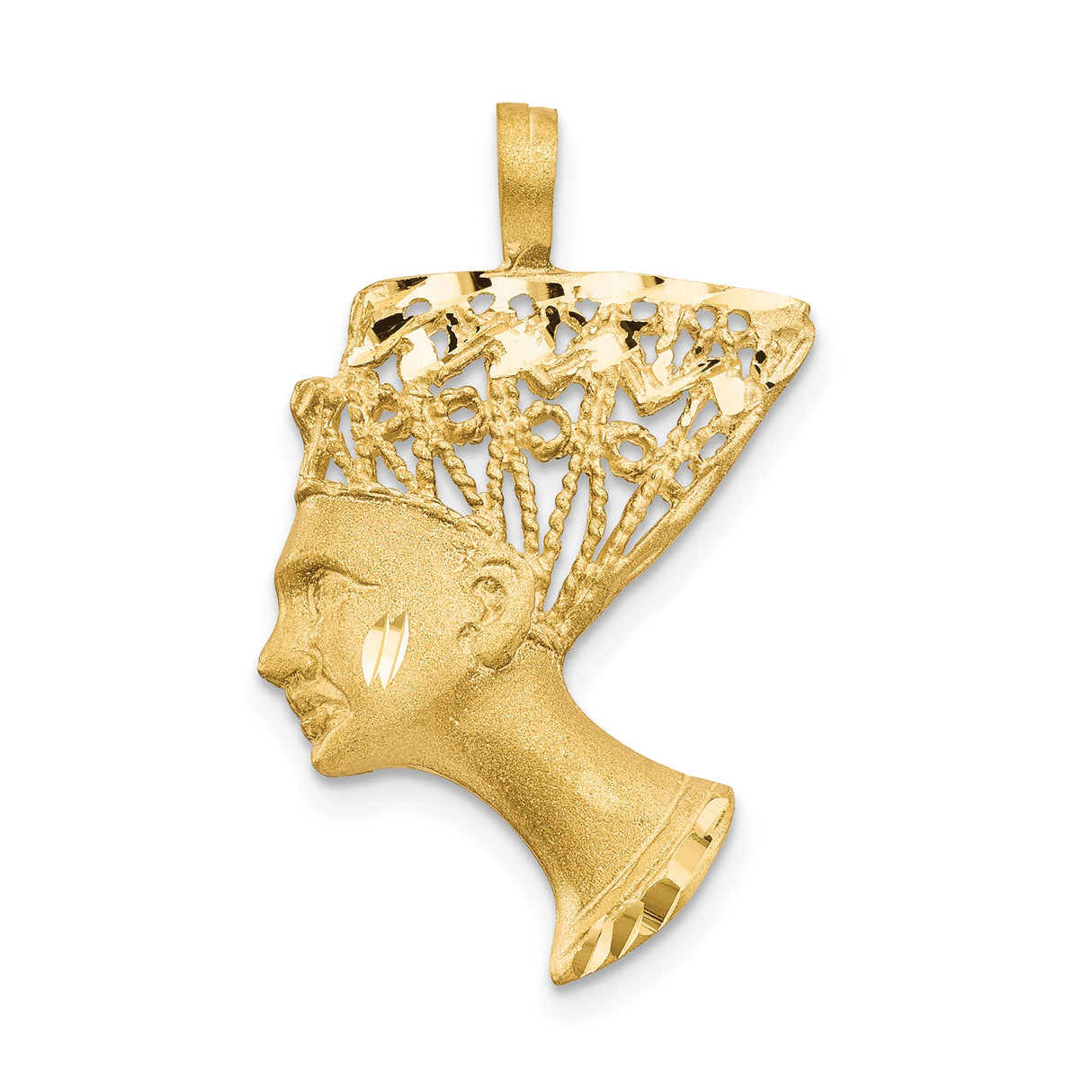 14k Yellow Gold African Queen Pendant, Textured Nefertiti Silhouette with Crown Design