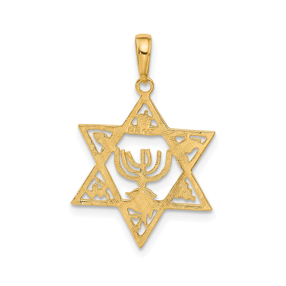 14k Yellow Gold Star of David Pendant with Menorah and Foliage Design