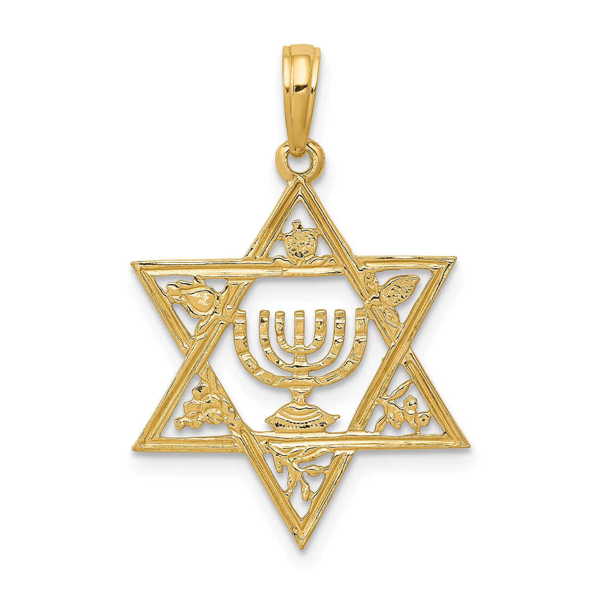 14k Yellow Gold Star of David Pendant with Menorah and Foliage Design