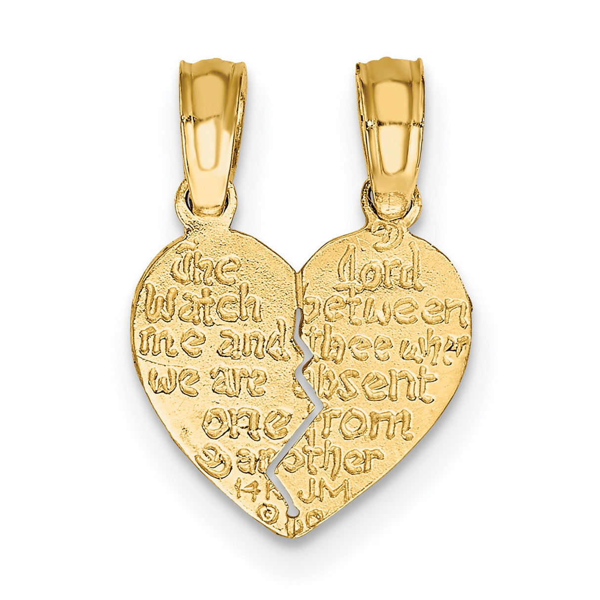 Break Apart Mizpah Coin Emotional Bond Words Genesis 31:49 on Heart Shaped Charm Pendant in Real 14k Yellow Gold