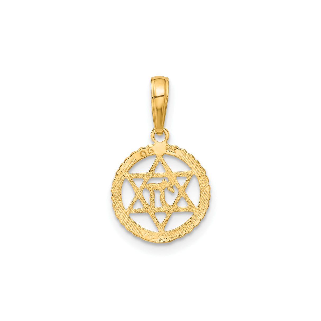 14k Yellow Gold Star of David Pendant with Hebrew Chai Symbol and Rope Detail
