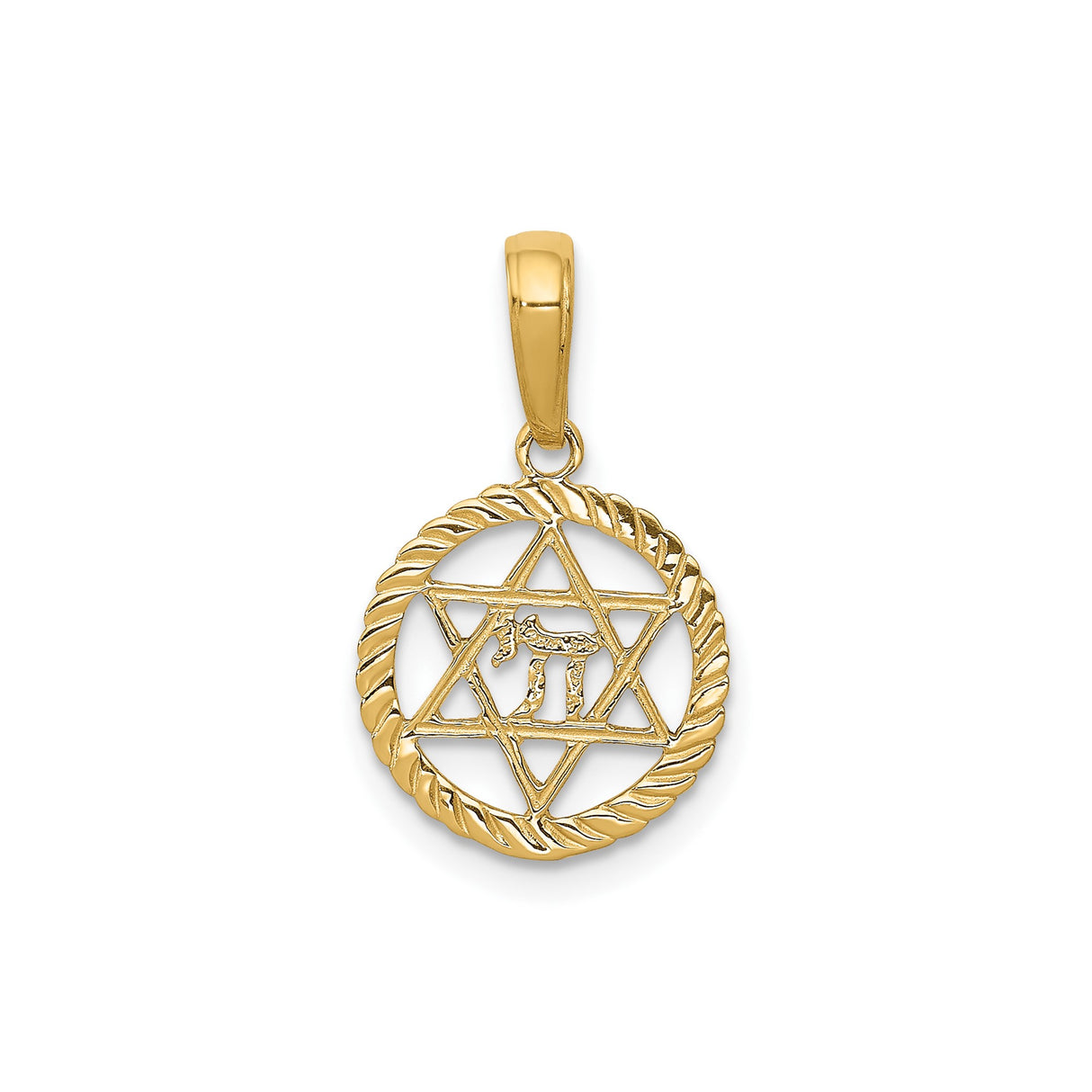 14k Yellow Gold Star of David Pendant with Hebrew Chai Symbol and Rope Detail