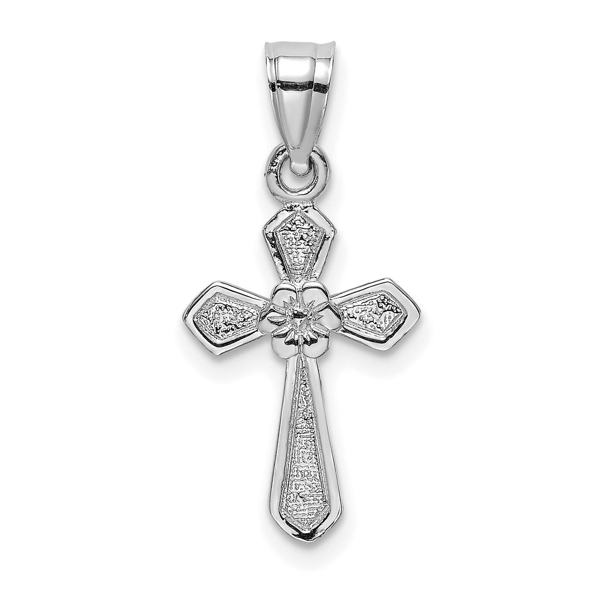 14k White Gold Cross Pendant with Floral Detail and Textured Finish for Men and Women