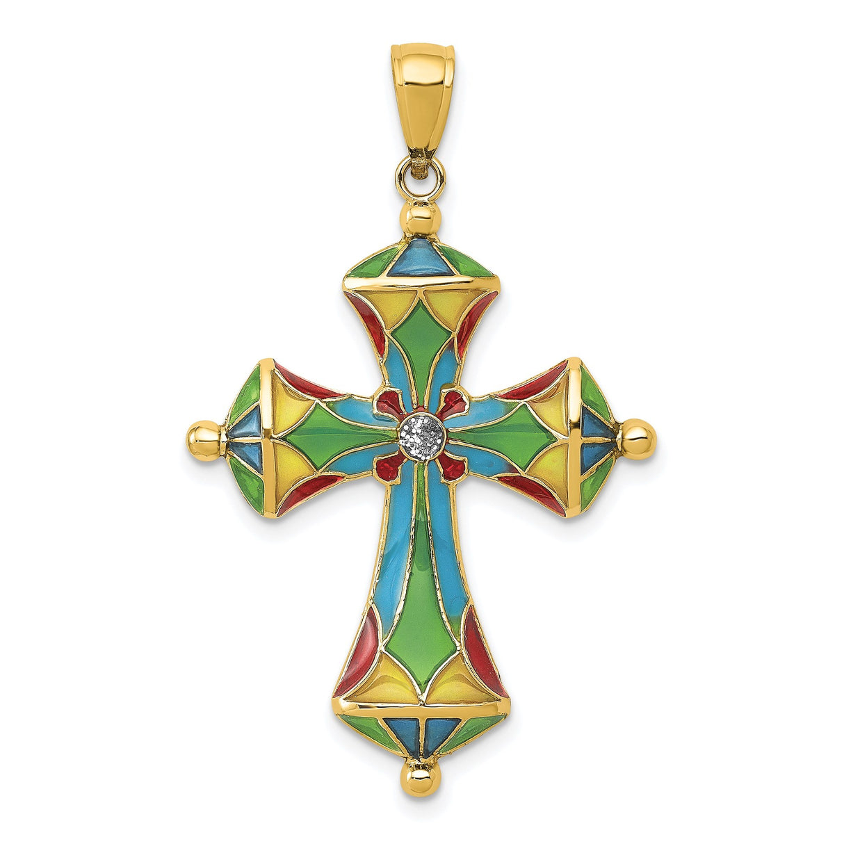 14k Yellow Gold Cross Pendant with Vibrant Enamel Mosaic Design for Men and Women