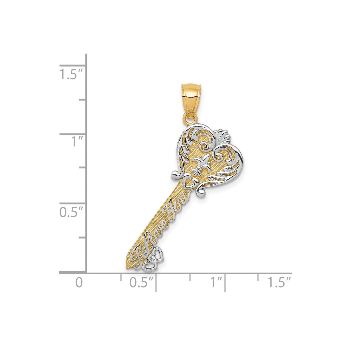 14k Multi-Tone Gold Heart Key Pendant with Fleur-de-Lis and I Love You Message