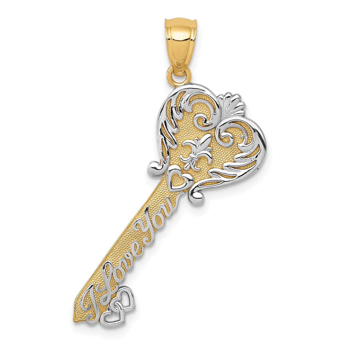 14k Multi-Tone Gold Heart Key Pendant with Fleur-de-Lis and I Love You Message
