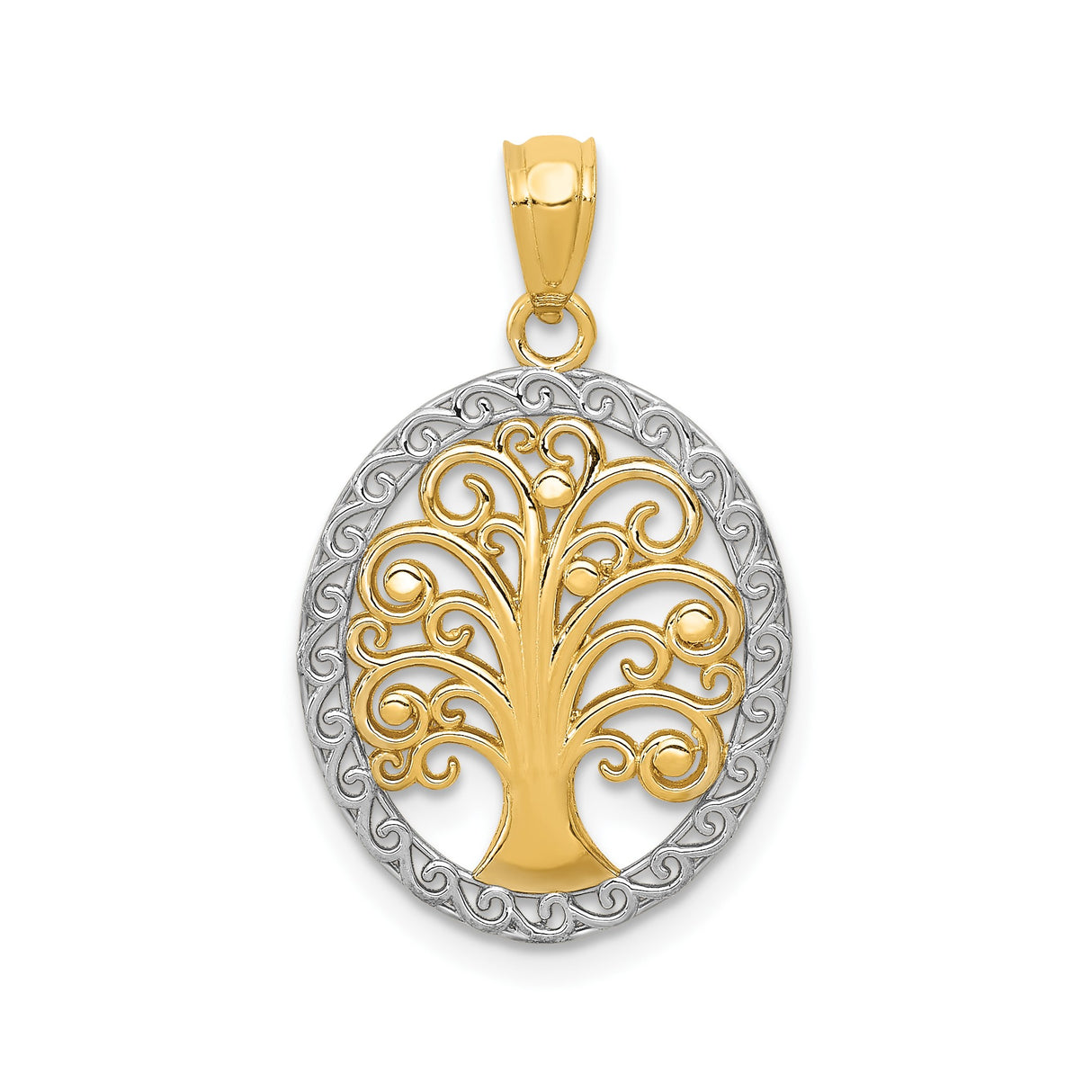 14k Multi-Tone Gold Tree of Life Pendant with Swirl Detail in Oval Frame for Women