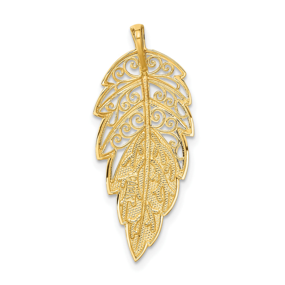 14k Yellow Gold Feather Pendant with Intricate Filigree Detailing, Boho Charm Design