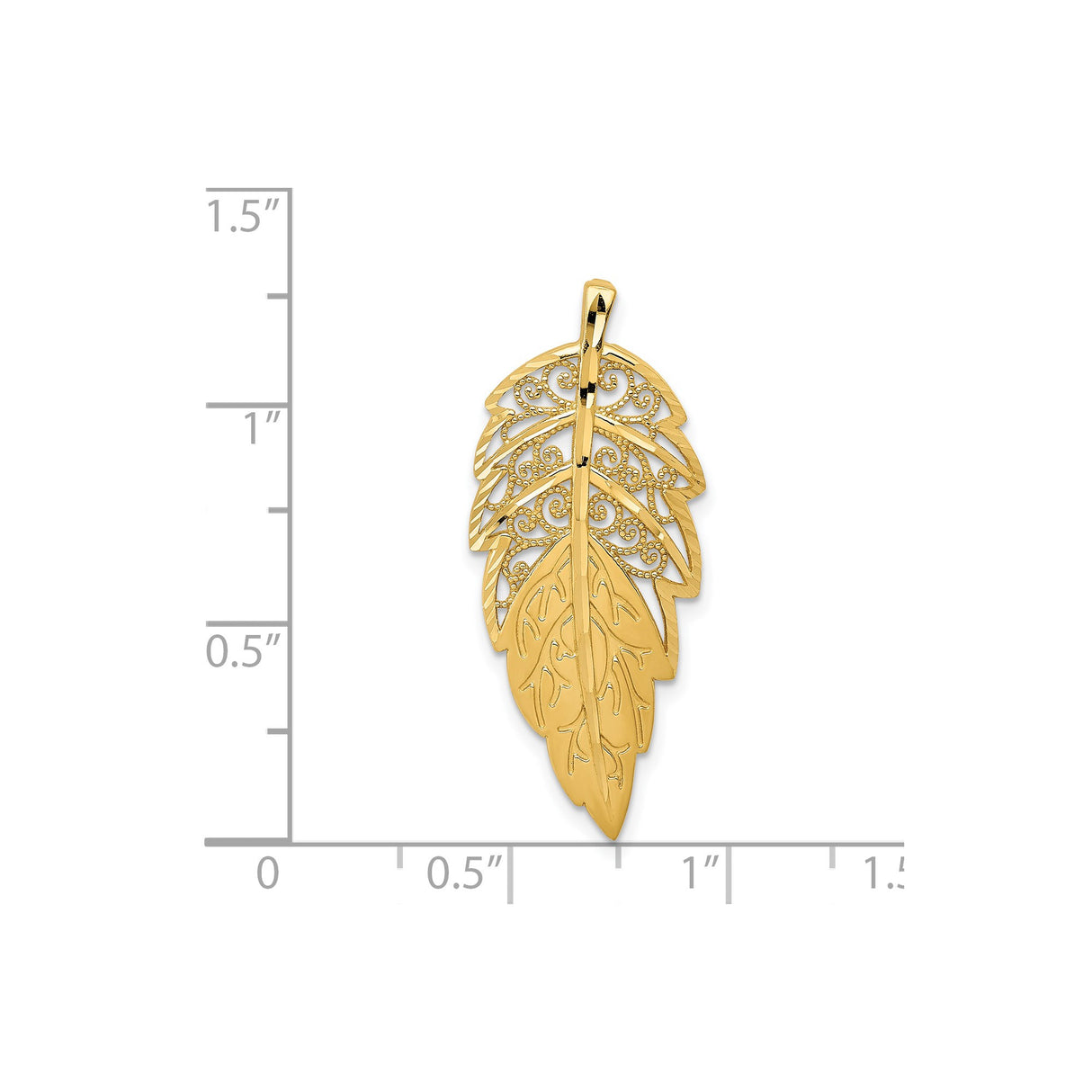 14k Yellow Gold Feather Pendant with Intricate Filigree Detailing, Boho Charm Design