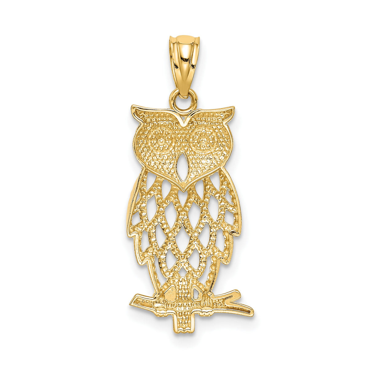 14k Multi-Tone Gold Owl Pendant with Rhodium Accents, Cutout Design on Branch
