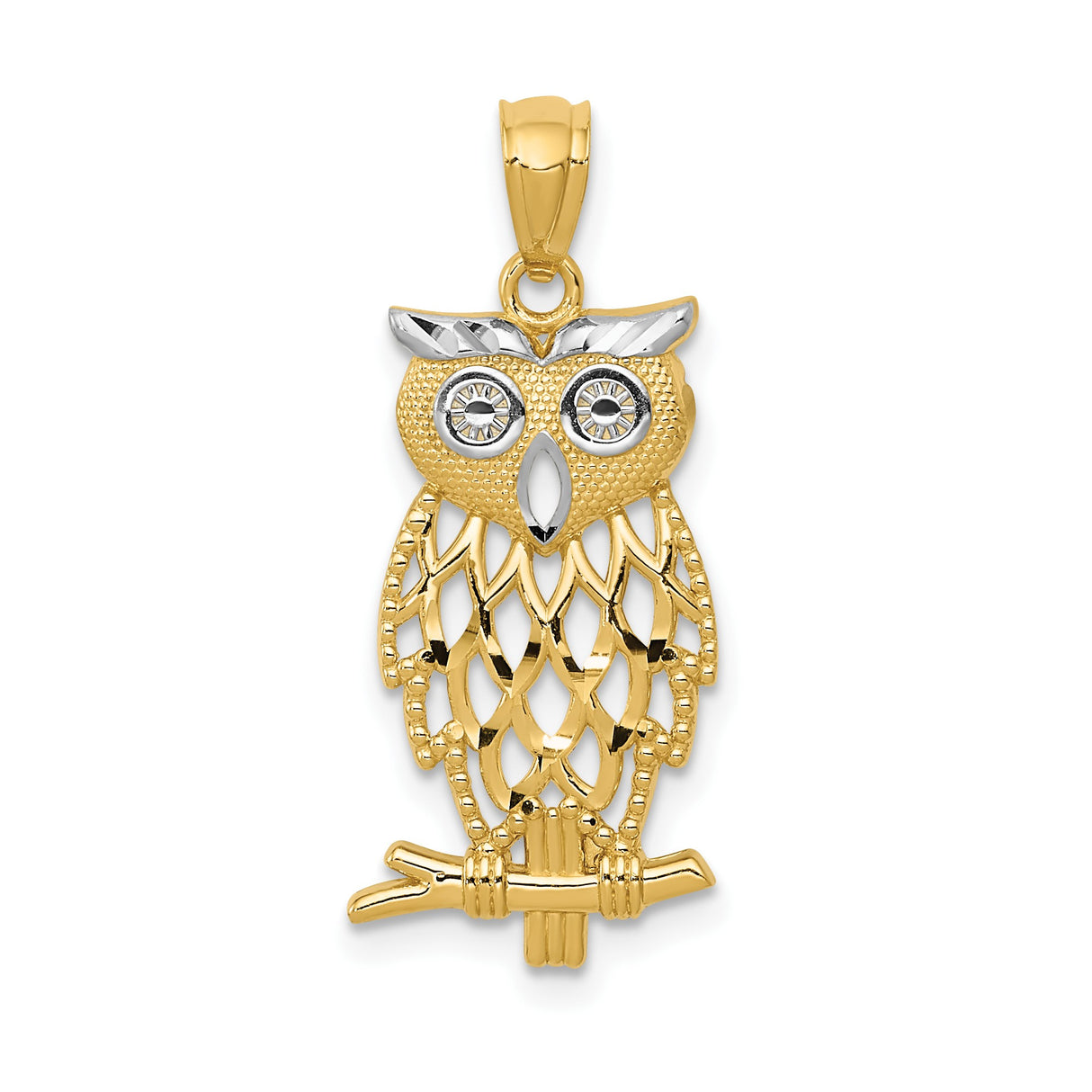 14k Multi-Tone Gold Owl Pendant with Rhodium Accents, Cutout Design on Branch