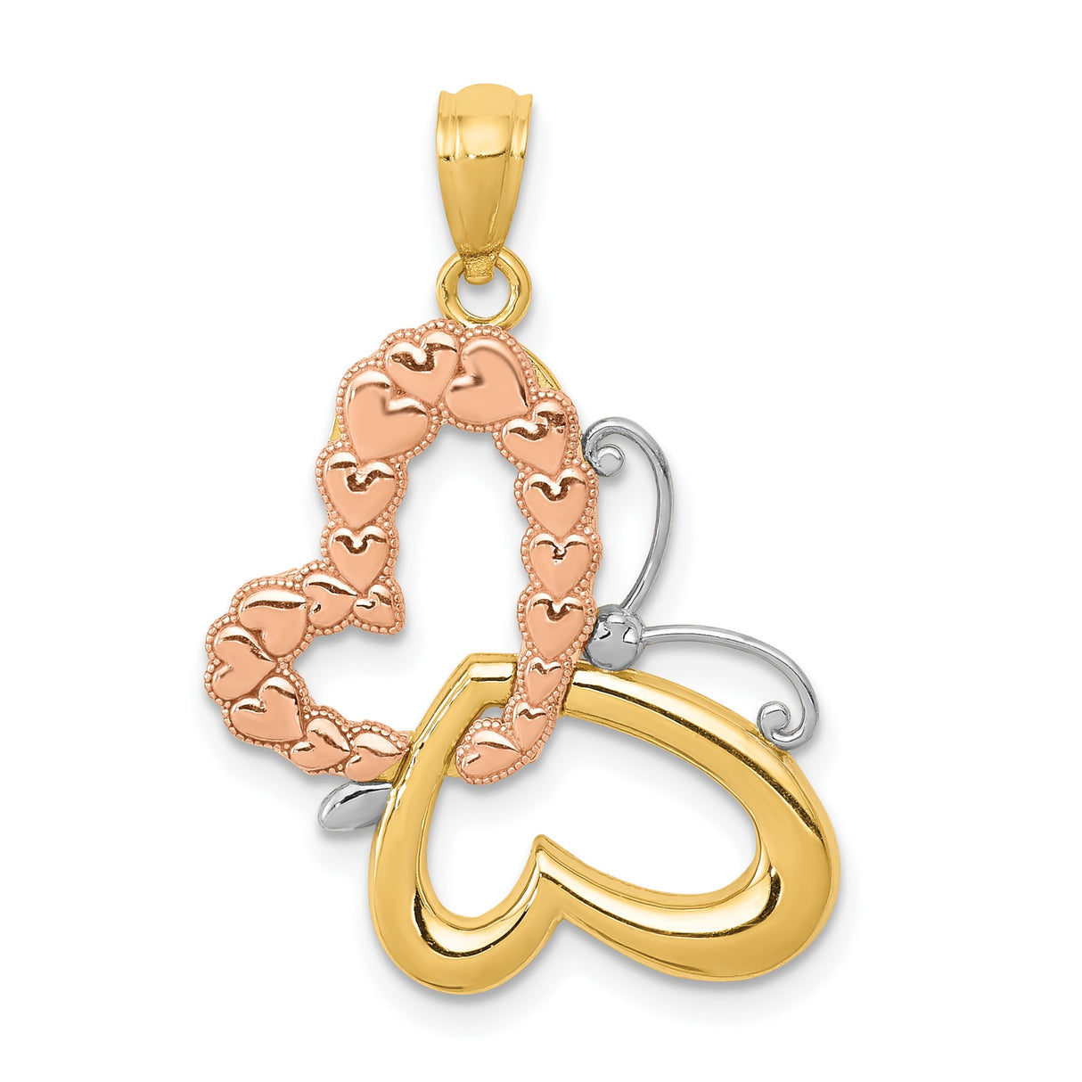 14k Two-Tone Gold Heart Pendant with Interlocking Rose and White Gold Hearts