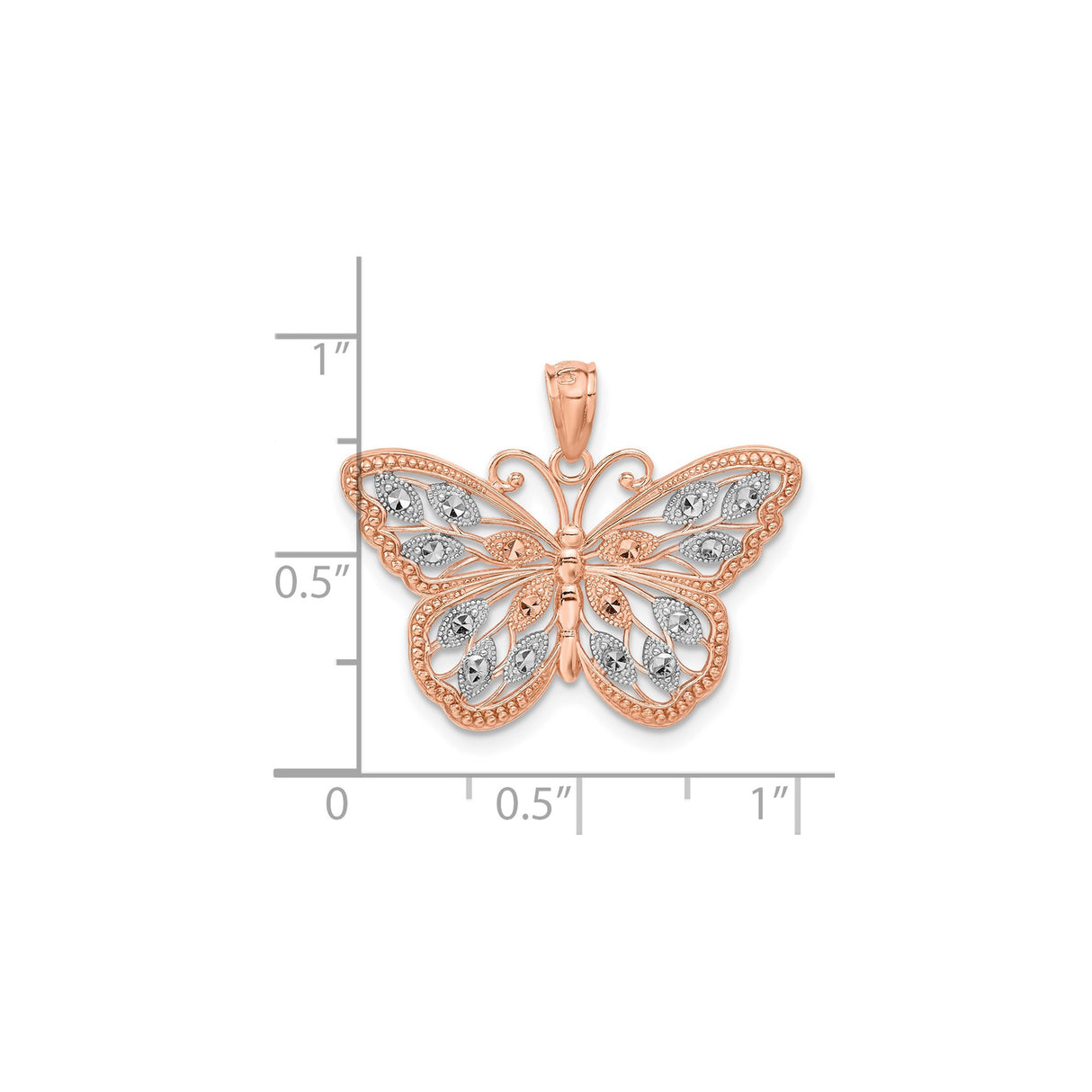 14k Rose Gold Butterfly Pendant with Filigree Wings and White Gold Accents