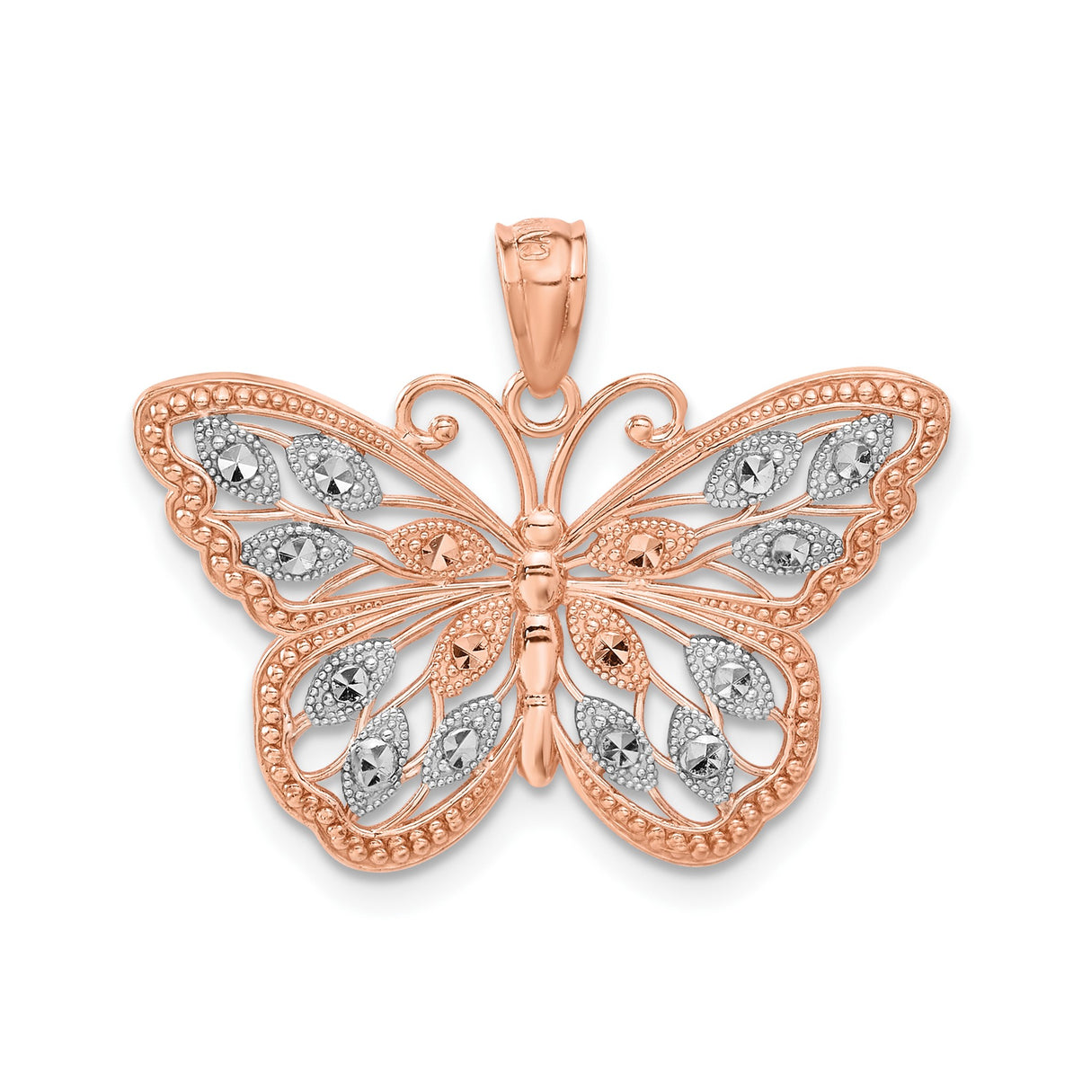 14k Rose Gold Butterfly Pendant with Filigree Wings and White Gold Accents