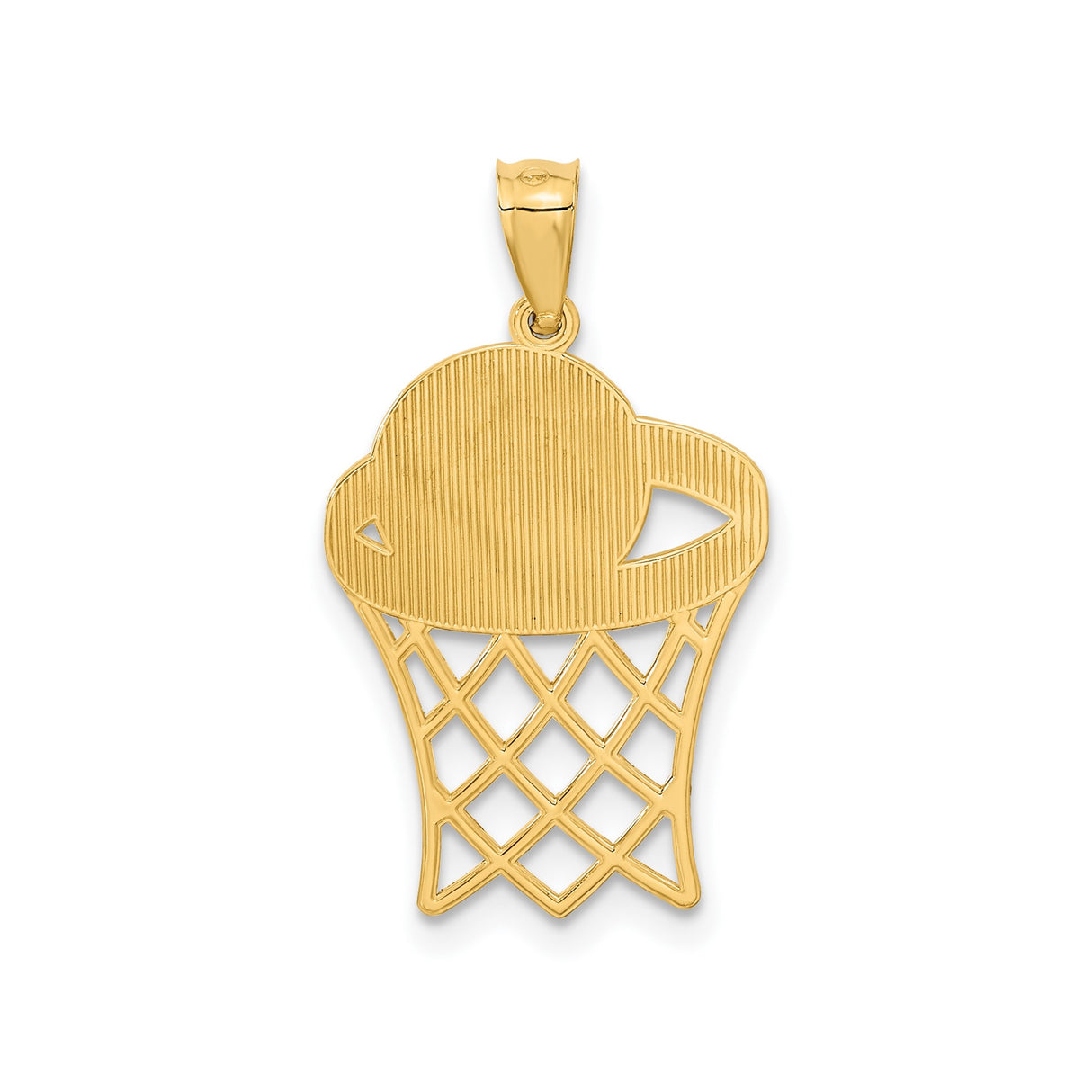 14k Yellow Gold Basketball Pendant with Ball Going Through Hoop, Sports Charm for Men or Unisex