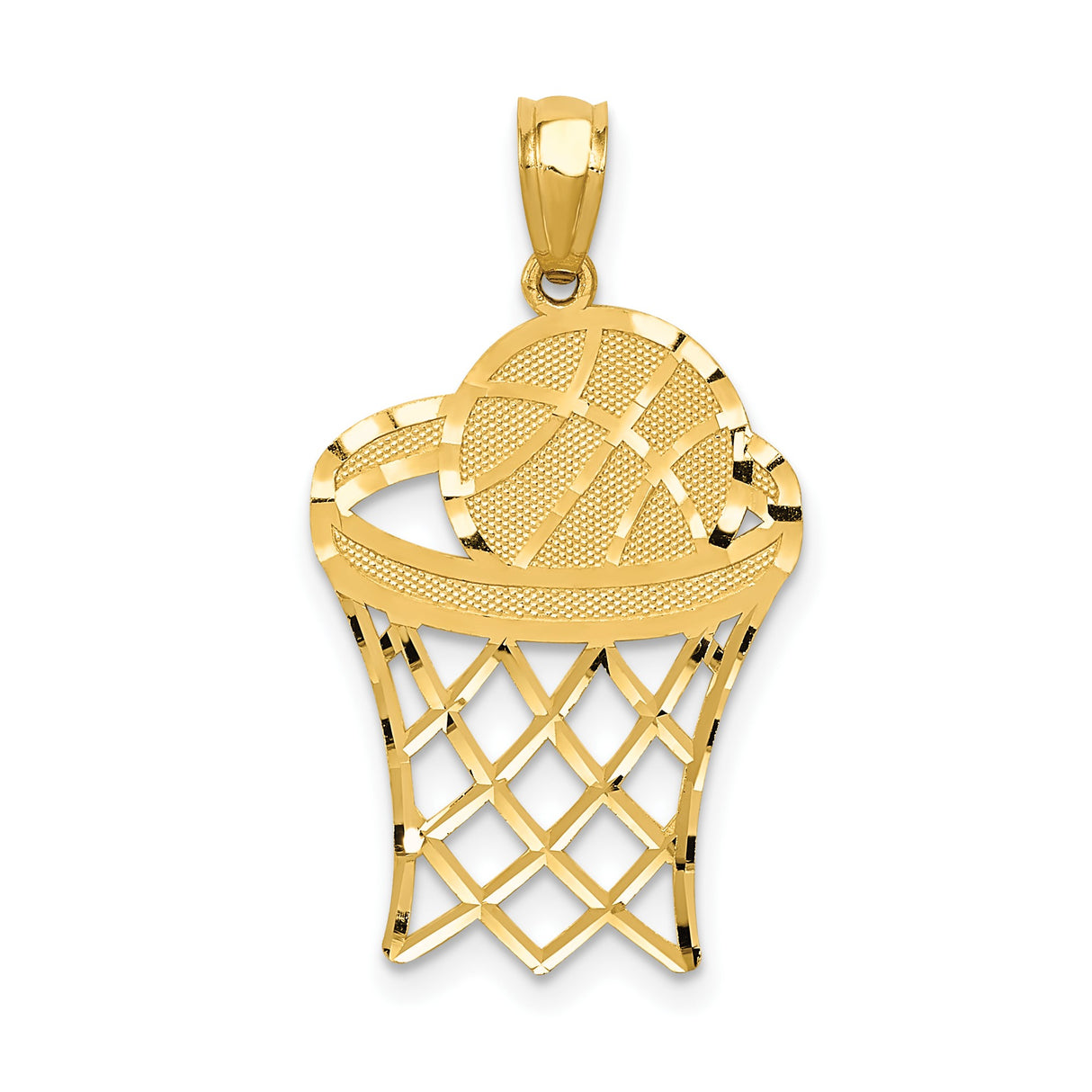 14k Yellow Gold Basketball Pendant with Ball Going Through Hoop, Sports Charm for Men or Unisex