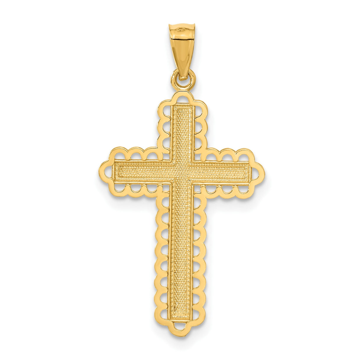 14k Multi-Tone Gold Cross Pendant with Beaded Border and Textured Detail