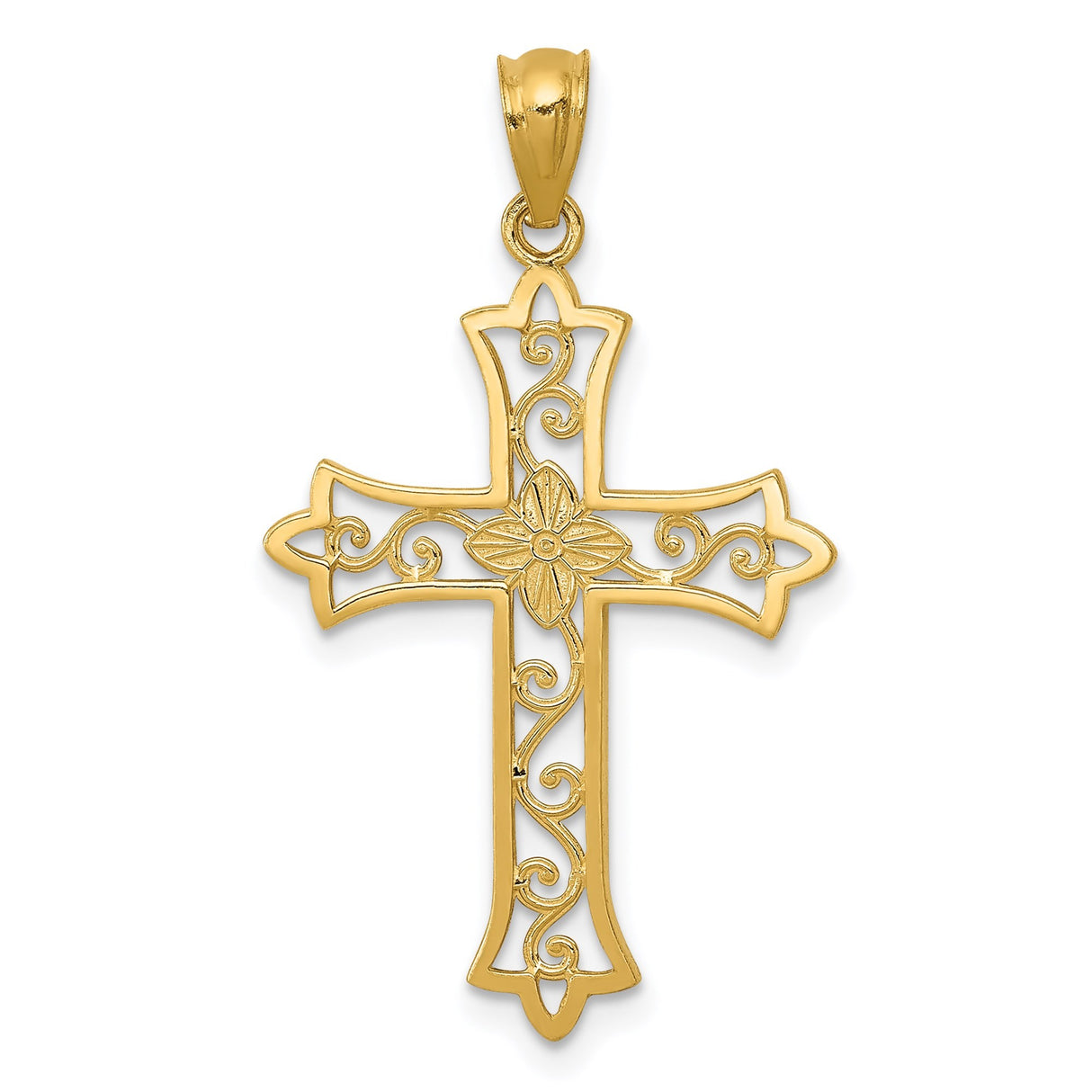 14k Yellow Gold Fleur Cross Pendant with Floral Detail and Filigree Design