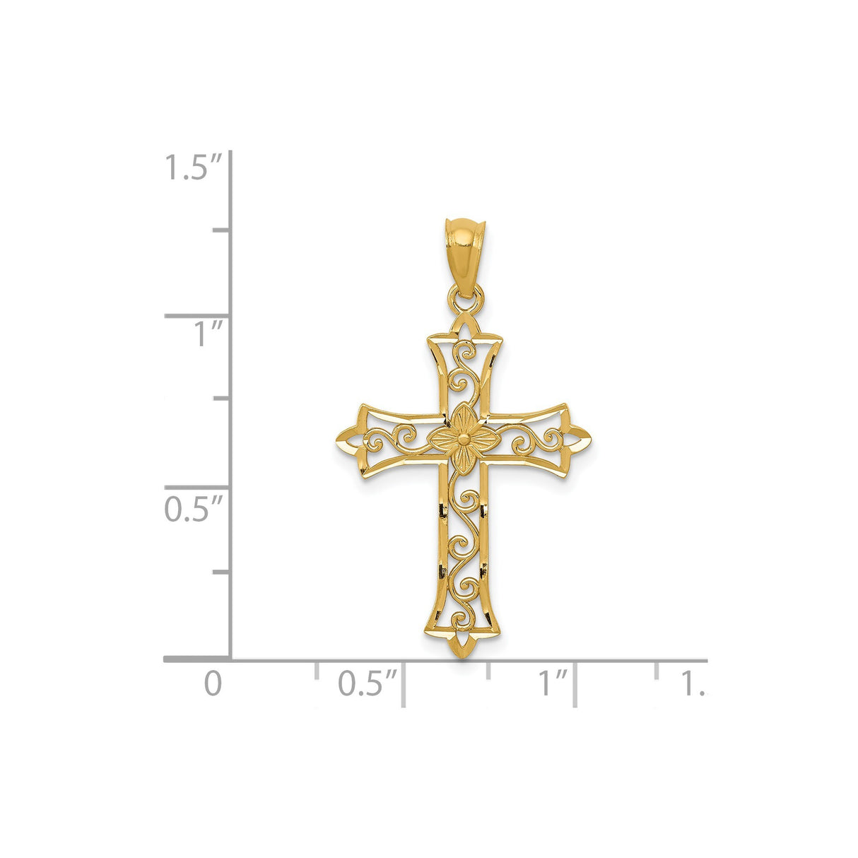 14k Yellow Gold Fleur Cross Pendant with Floral Detail and Filigree Design